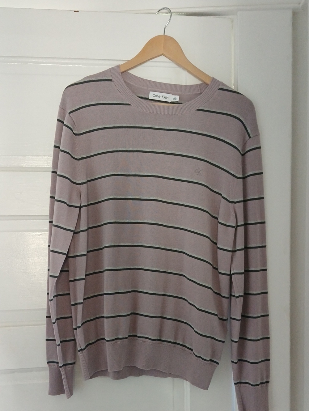 Calvin Klein Crewneck Preppy Stripes Sweater Top Sleeves Chest Logo Mauve